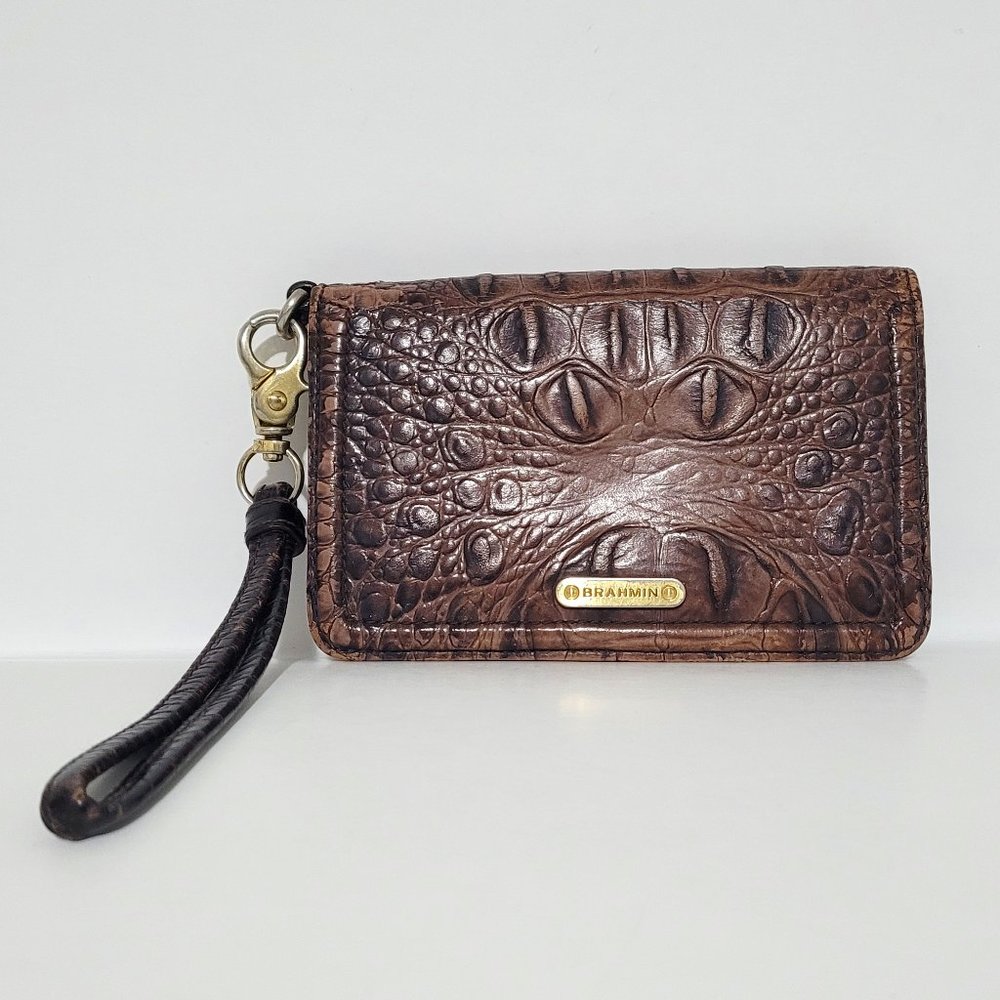 Brahim Vintage Brown Bi-Fold Croc Wallet Wristlet